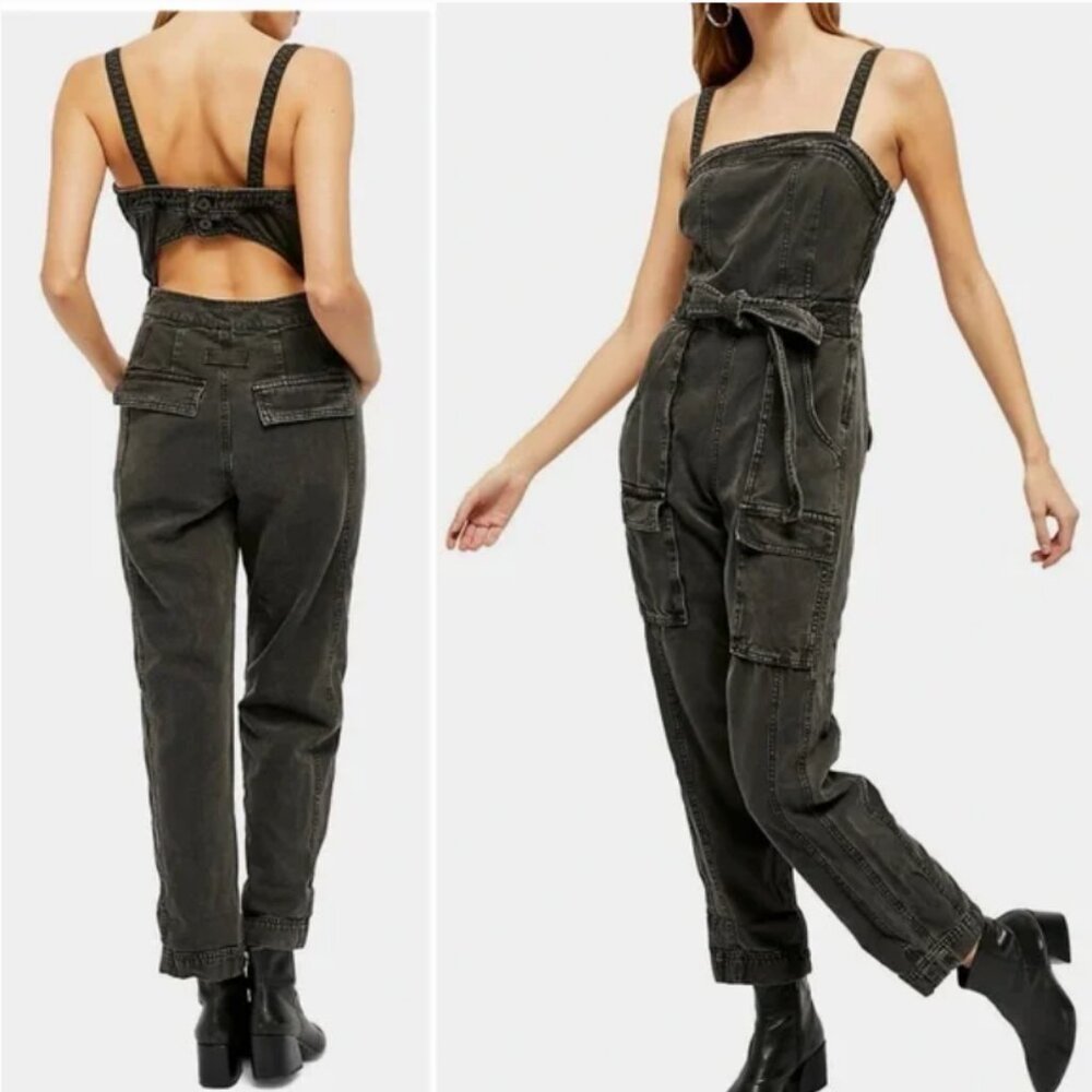 Free People Go West Utility Jumpsuit Small Washed Black Overalls Cargo Boho
